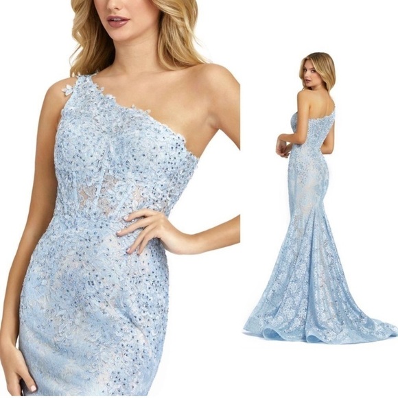 MAC DUGGAL 48910 EMBELLISHED ONE SHOULDER LACE MERMAID POWDER BLUE GOWNsz 8